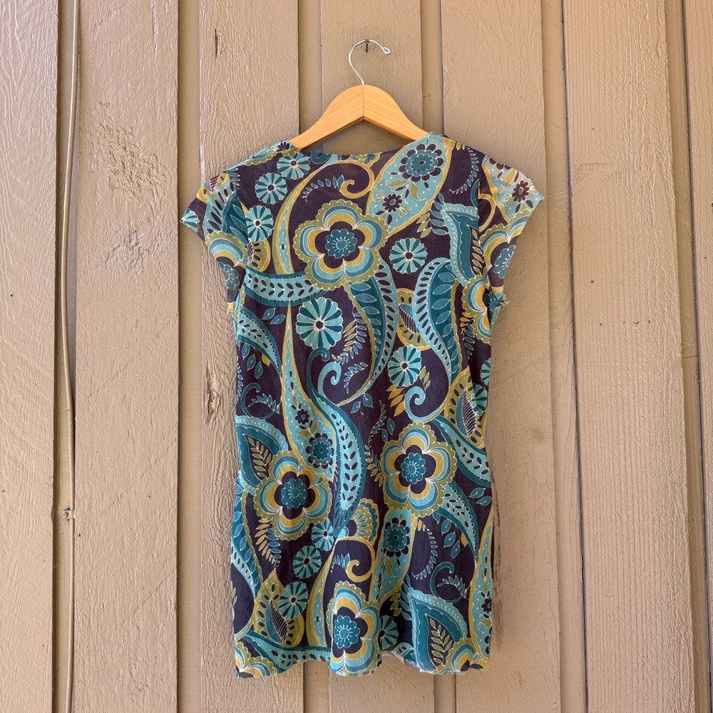 Sweet Pea Paisley Mesh Top Women Large Ruffle V-Neck Cap Sleeve Blue Green Brown - Picture 9 of 9